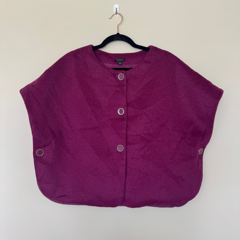 Talbots Purple Wool Blend Button Front Cape Vest Jacket Layer Medium